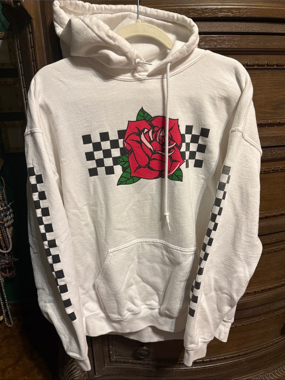 Artist Union Clothing Co. White Hoodie with Red Rose & Black Checkered Print